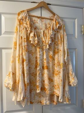 Free People Cream Blouse with Yellow Floral Print and Ruffle Neck